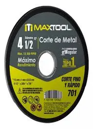 [307802] Disco corte de metal 4 1/2" x 1mm, TIPO 1 Maxtool  307802