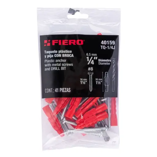 [40159] Kit de 20 taquetes 1/4' con pijas #8 y 1 broca 1/4', Fiero 40159